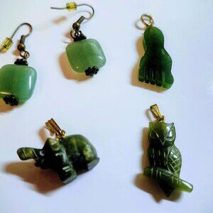 Nephrite Jade Lot (4) Pendants & Earrings Owl, Elephant , a Foot & Aventurine